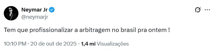 Neymar cobra profissionalização da arbitragem – Foto: Reprodução/X/Neymar