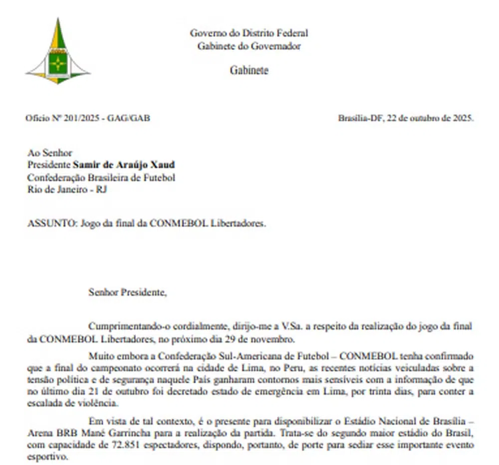 Documento enviado pelo Governo do Distrito Federal à CBF sobre a Libertadores - Foto: Reprodução