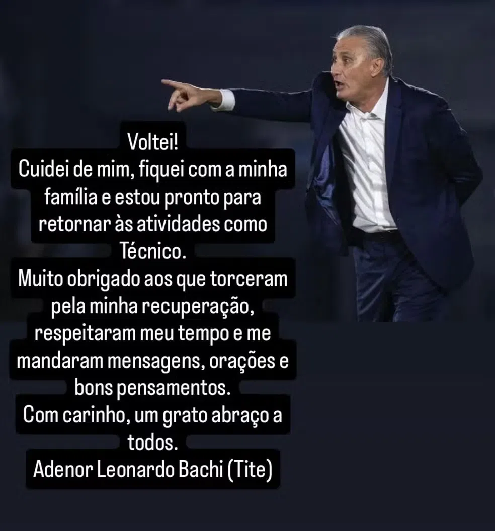 Tite anuncia retorno ao futebol em publicação feita por assessoria de imprensa - Foto: Reprodução